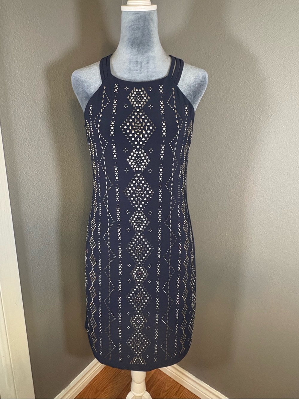 White House Black Market Navy Stud-Pattern  Dress Size XS